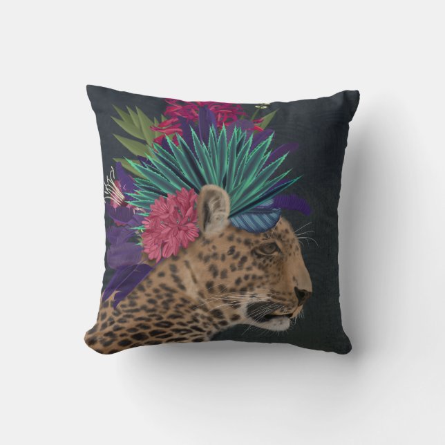 Leopard with Tropical Headpiece Throw Pillow (Front)