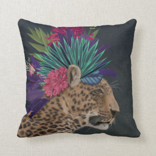 Leopard with Tropical Headpiece Throw Pillow
