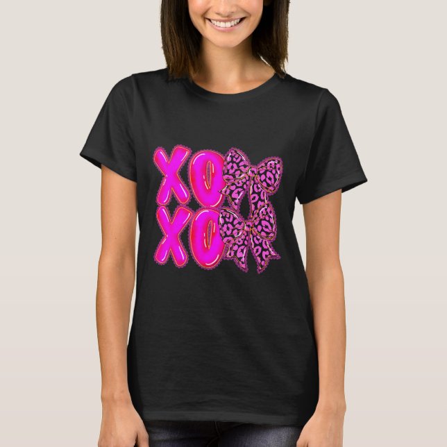 Leopard Xoxo Coquette Bow Hearts Valentine's Day W T-Shirt (Front)