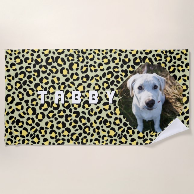 Leopard Yellow Black Dog Photo Personalized Beach Towel (Front)
