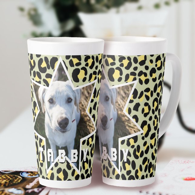 Leopard Yellow Black Photo Personalized Latte Mug (Leopard Pattern Pet Photo Personalized Latte Mug.)