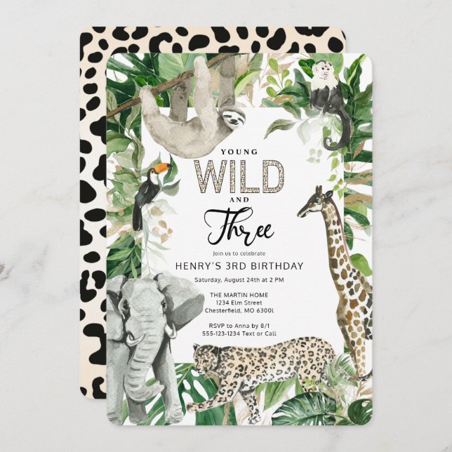 Leopard Young Wild and Three Safari Birthday Invitation (Front/Back)