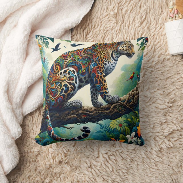 Leopard Zeal: Vibrant Jungle Patterns Throw Pillow (Blanket)