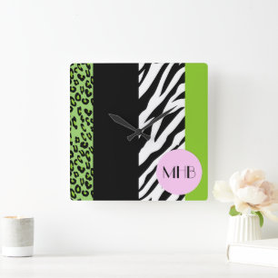 Leopard, Zebra, Animal Print, Green, Monogram Square Wall Clock