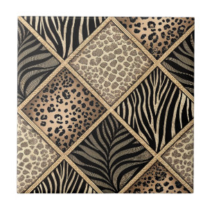 Leopard & Zebra Print Collage - Animal Skin Design Ceramic Tile