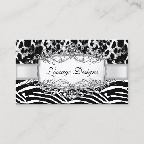 Leopard Zebra Silver Black White Stripe 2 Business Card