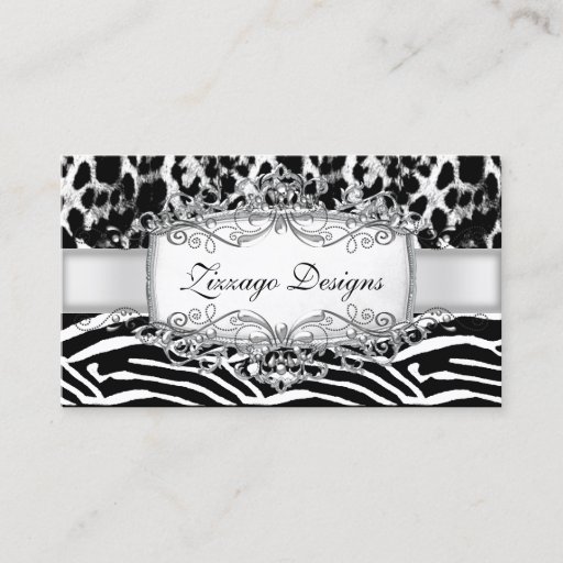 Customizable Leopard Zebra Silver Black White Stripe 2 Business Cards