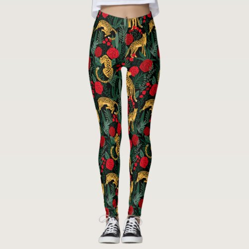 Leopards and Red Roses Leggings