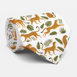 Leopards Cheetahs Tropical Leaves White Background Neck Tie