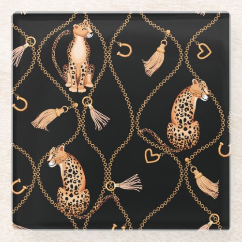 Leopards Golden Chains Fashion Pattern Glass Coaster