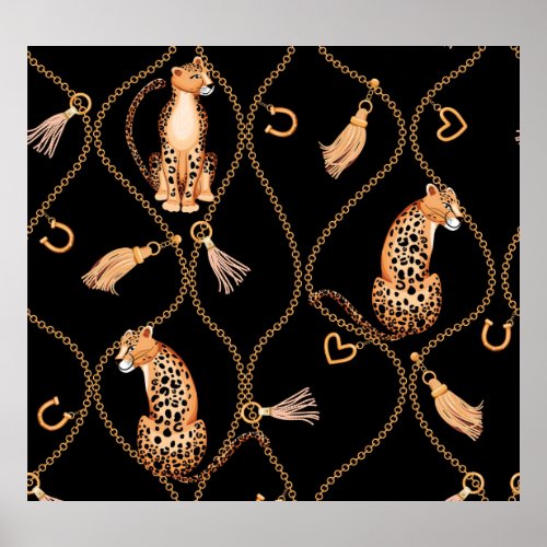 Leopards Golden Chains Fashion Pattern Poster