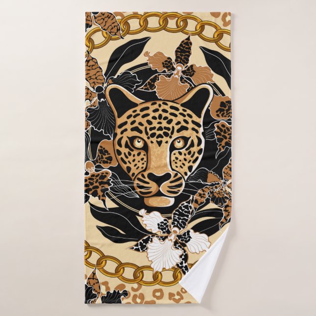 leopard's head surrounded by orchids, gold chain a bath towel (Bath Towel)