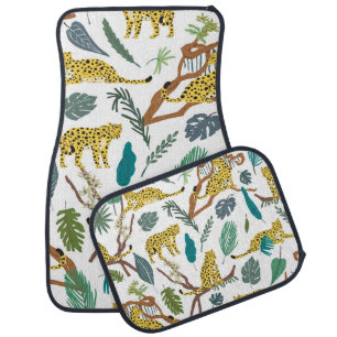 Leopards in jungle, hand-drawn pattern. car floor mat