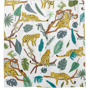Leopards in jungle, hand-drawn pattern. shower curtain