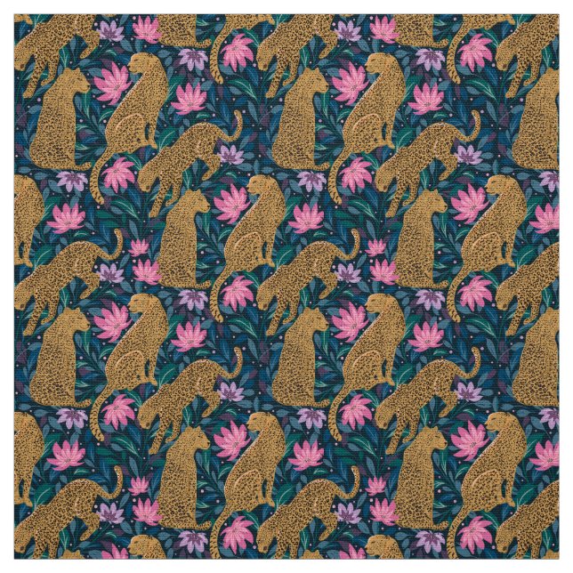 Leopards in the Jungle, Flowers & Wild Animals Fabric (Swatch)