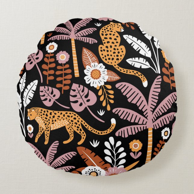 Leopards Palms Vintage Seamless Pattern Round Pillow (Front)