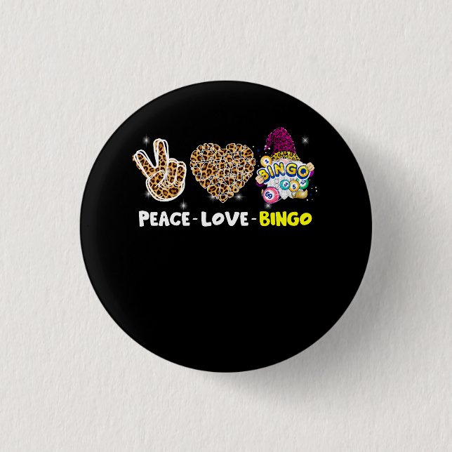 Leopared Peace Love Bingo Gnome Lucky Number Bingo Button (Front)