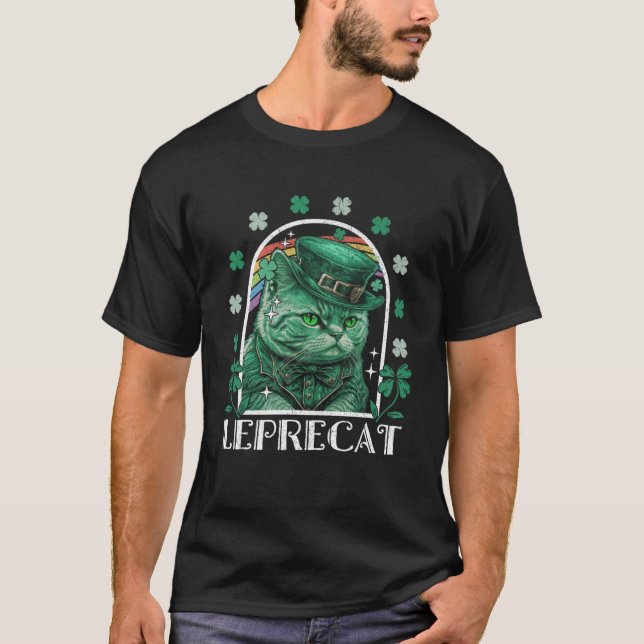Leprecat Funny St. Patrick's Day Cat Leprechaun Ir T-Shirt (Front)