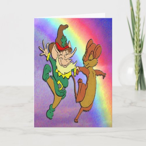 Leprechaun and Mouse Dancing with Rainbow Card