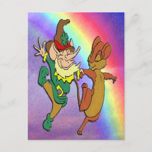 Leprechaun and Mouse Dancing with Rainbow Postcard