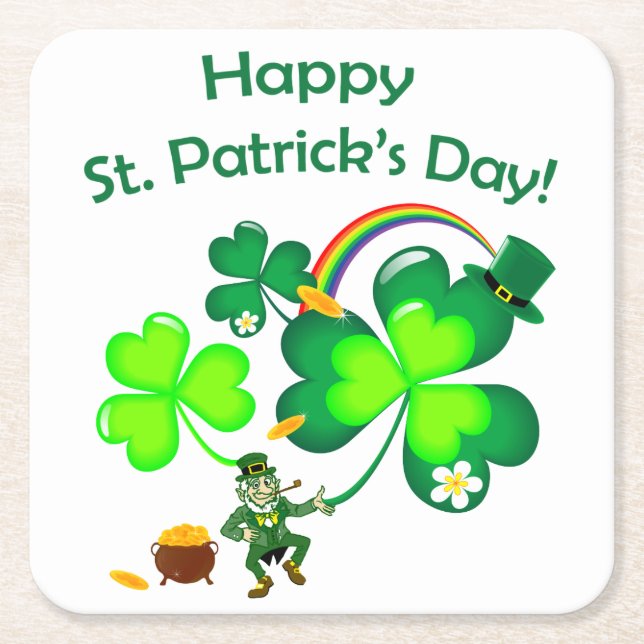 Leprechaun and Shamrock Square Paper Coaster (Front)