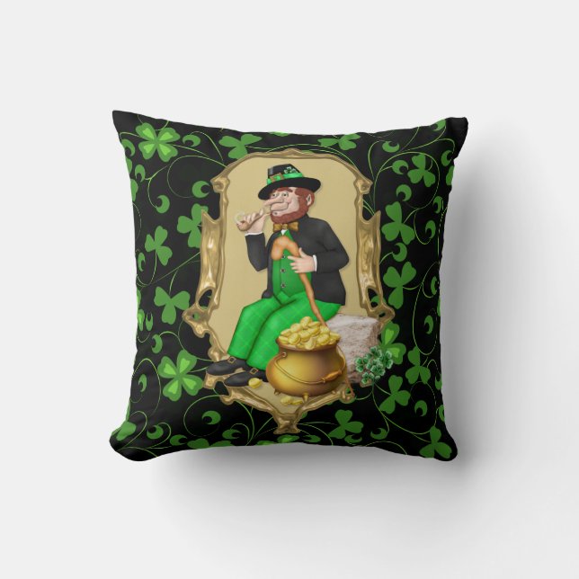 Leprechaun and Shamrocks Throw Pillow (Front)