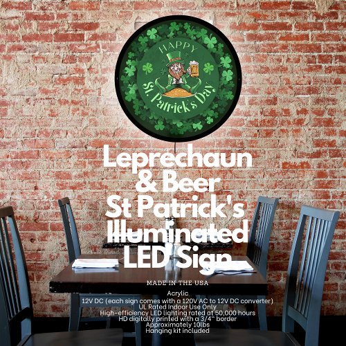 Leprechaun  Beer St Patricks Round Illuminated LED Sign