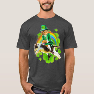 Leprechaun Cat Riding in Rainbow St Patty T-Shirt