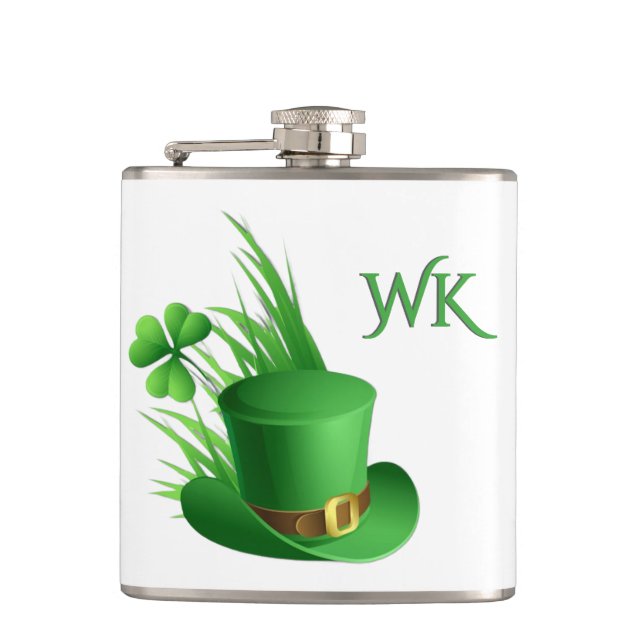  Leprechaun Clove Hat in Grass Monogram  Flask (Front)