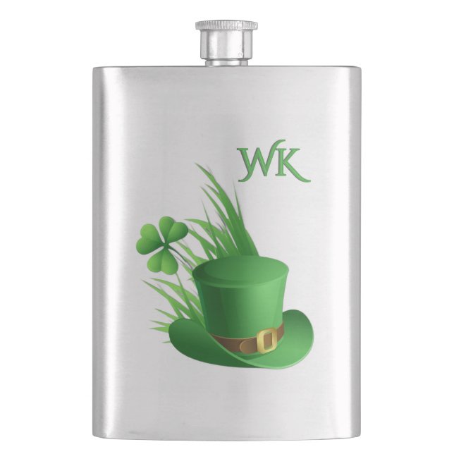  Leprechaun Clove Hat in Grass Monogram Flask (Front)