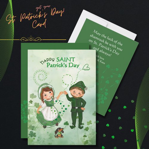 Leprechaun dancing with Irish Girl Lefton inspired Holiday Card