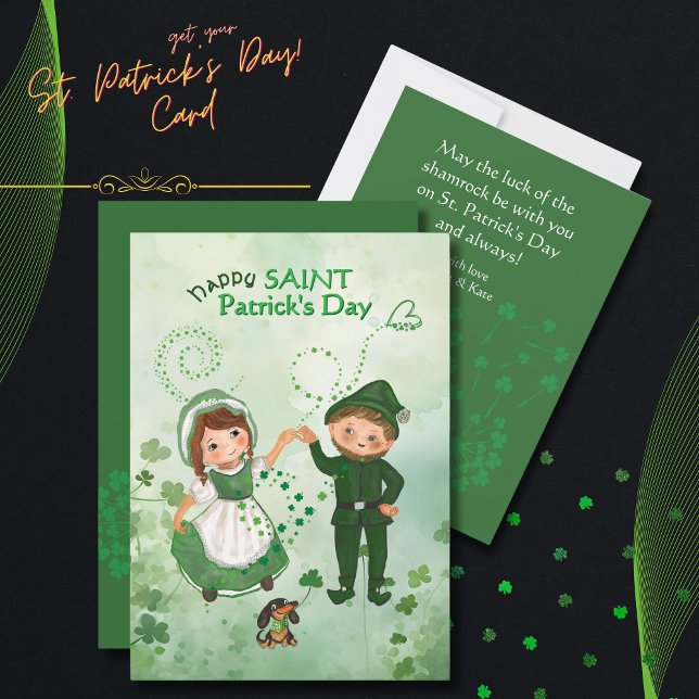 Leprechaun dancing with Irish Girl Lefton inspired Holiday Card (Leprechaun dancing with Irish Girl Lefton inspired Holiday Card)