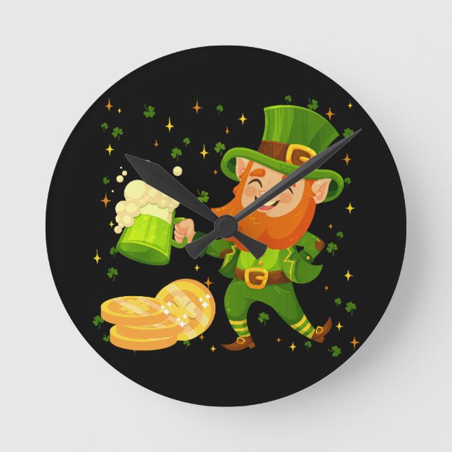 Leprechaun Drinking Beer St. Patrick's Day Round Clock (Front)