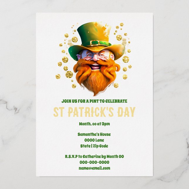 Leprechaun gold foil Irish elf face St. Patrick's  Foil Invitation (Front)