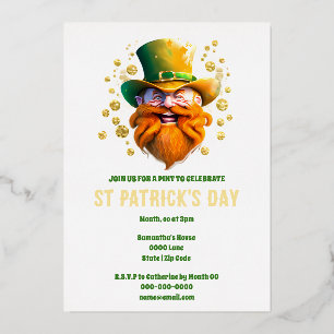 Leprechaun gold foil Irish elf face St. Patrick's Invitation