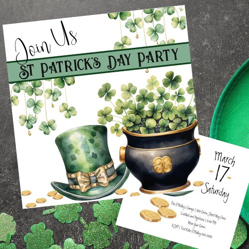 Leprechaun Hat and Pot O Clover St Patricks Day  Invitation