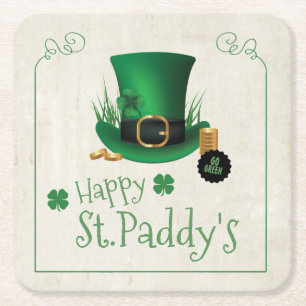 Leprechaun Hat Happy St. Paddy's ID636 Square Paper Coaster