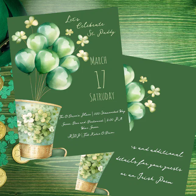Leprechaun Hat with Balloons and Shamrocks Invitation | Zazzle
