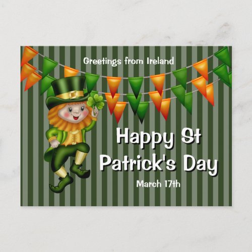 Leprechaun jig lucky shamrock green orange bunting postcard