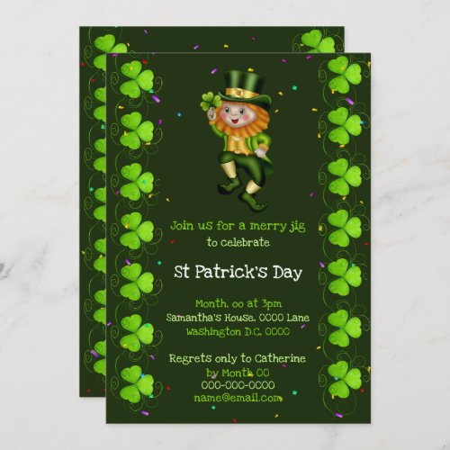 Leprechaun jig lucky shamrock Irish Clover party Invitation