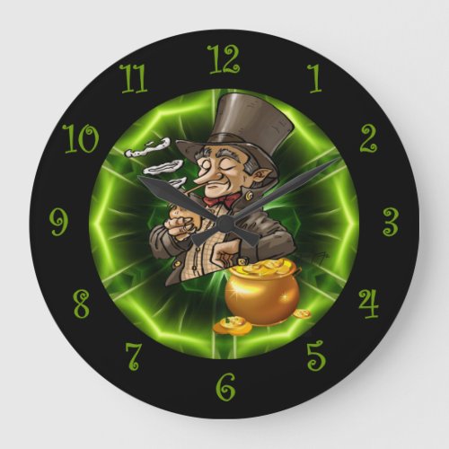 Leprechaun Leaning On Pot Of Gold  Large Clock