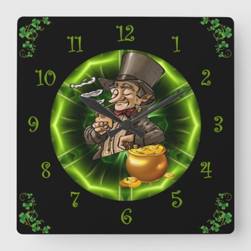 Leprechaun Leaning On Pot Of Gold  Square Wall Clock