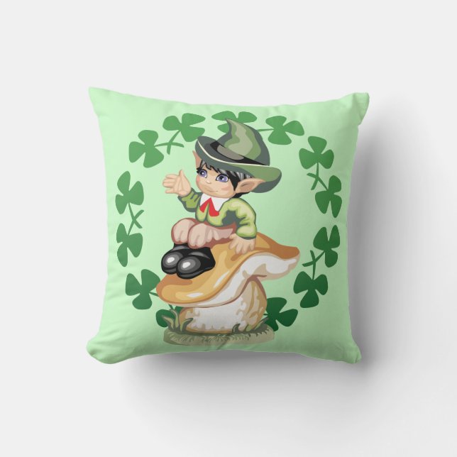 Leprechaun on a Mushroom Throw Pillow (Front)