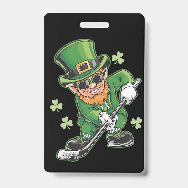 Leprechaun Playing Hockey St Patrick's Day Irish Badge (Front)