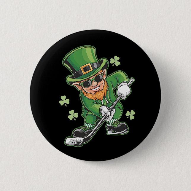 Leprechaun Playing Hockey St Patrick's Day Irish Button (Front)