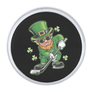 Leprechaun Playing Hockey St Patrick's Day Irish Silver Finish Lapel Pin