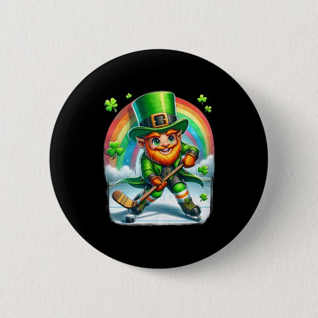 Leprechaun Playing Ice Hockey Saint Patricks Day  Button (Front)