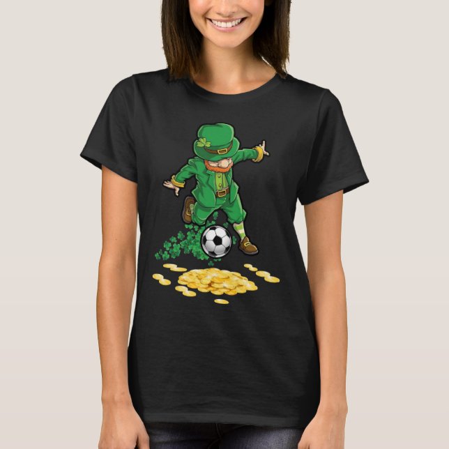 Leprechaun Playing Soccer Irish Shamrocks Gold Pat T-Shirt (Front)