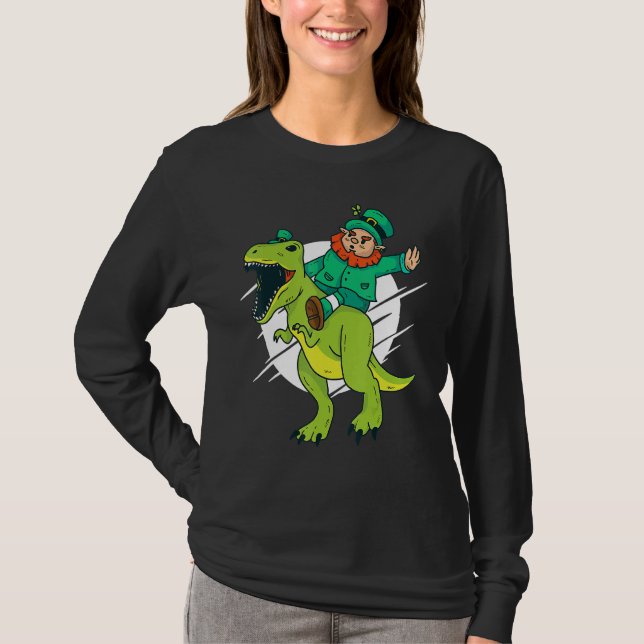 Leprechaun Riding A T Rex Dinosaur Funny St Patric T-Shirt (Front)