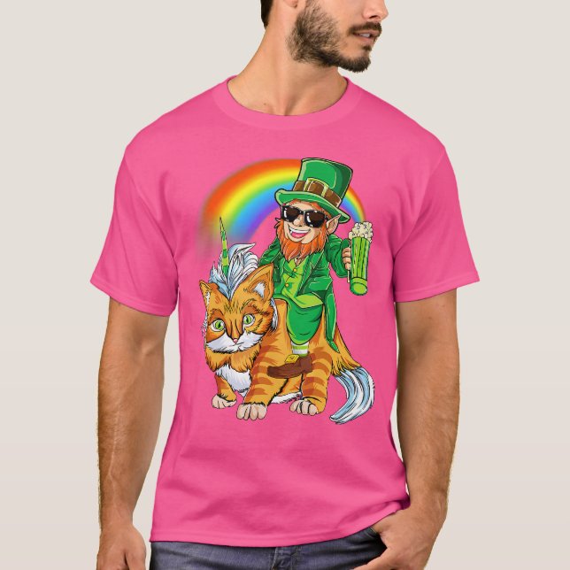 Leprechaun Riding Caticorn Unicorn Cat St. Patrick T-Shirt (Front)